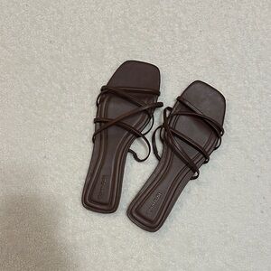Strappy Square-Toe Slide Sandals in Dark Brown